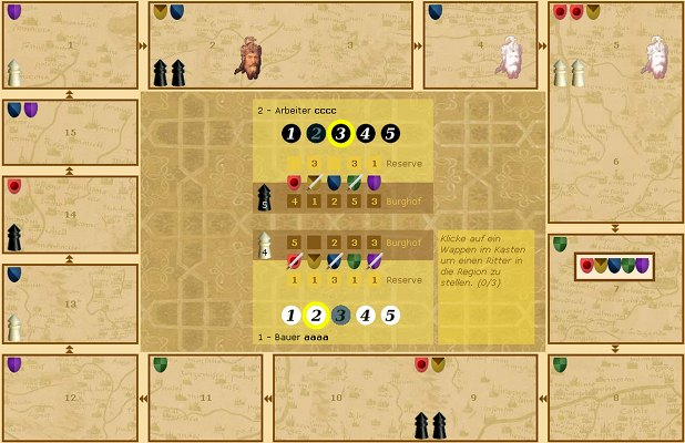 Das ursprüngliche Spielbrett mit fünfzehn umlaufenden Gebieten und den Höfen in der Mitte