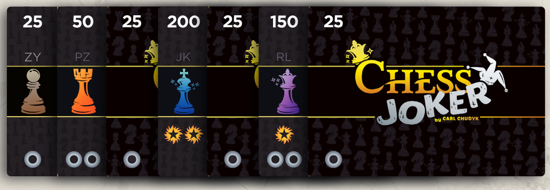 Splayed score pile showing face-up Elo values and face-down 25-point cards