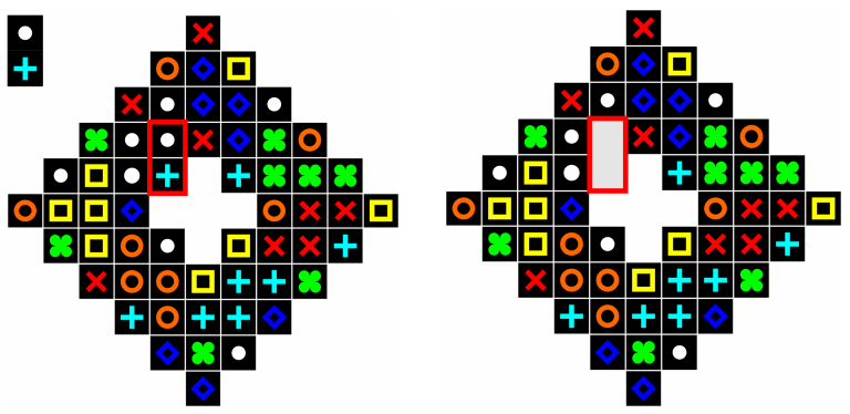 Deux diagrammes montrent le domino point-plus avant et après son placement sur les cases encadrées en rouge