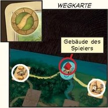 Weg: Wähle ein freies Plättchen, das über einen Weg direkt mit einem deiner Gebäude verbunden ist.