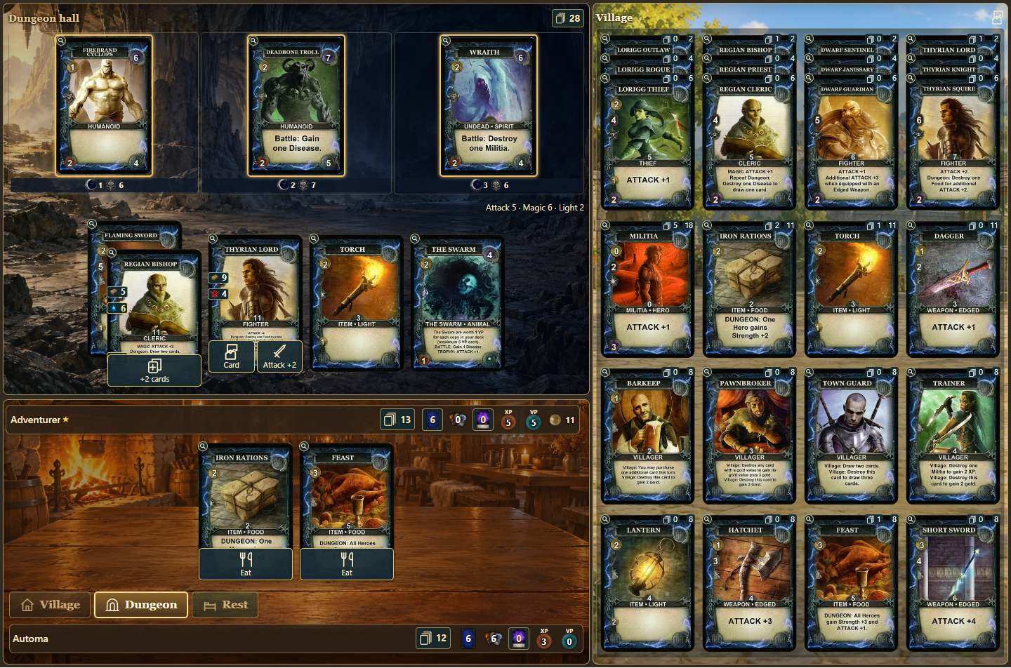 Current game view with dungeon, combat area, tavern and village